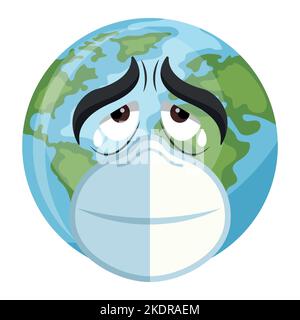 Progetto del pianeta Terra Cartoon triste con maschera per la Giornata della Terra, Giornata Nazionale per la prevenzione dell'inquinamento, Giornata Mondiale dell'ambiente. Concetto di prevenzione contro envir Illustrazione Vettoriale
