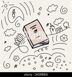 carino doodle principessa storia scritta nel libro Illustrazione Vettoriale