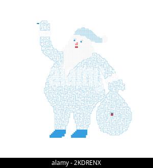 Illustrazione vettoriale di gioco di Puzzle labirinto per bambini con il carattere di Babbo Natale e sacco di regali di Natale. Labirinto all'interno del contorno di Santa. Illustrazione Vettoriale