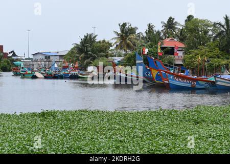 Vista delle barche da pesca vicino alla basilica di Vallarpadam, Kochi, Kerala. Foto Stock