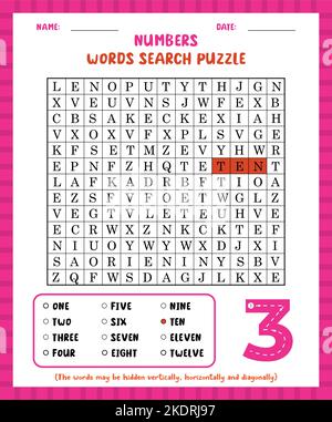 Ricerca parola numeri di gioco ricerca parola puzzle foglio di lavoro per imparare l'inglese. Illustrazione Vettoriale