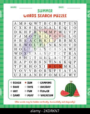 Ricerca parola gioco estate ricerca parola puzzle foglio di lavoro per imparare l'inglese. Illustrazione Vettoriale