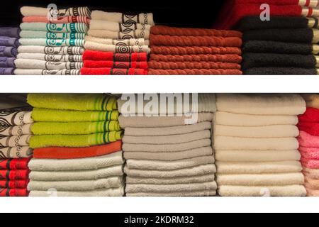 Imposta il concetto di igiene degli asciugamani in tessuto colorato impilati in pile sul bancone di un negozio di ferramenta. Foto Stock