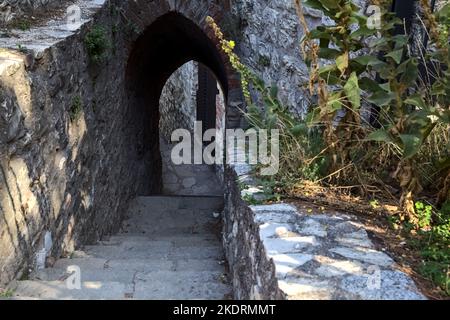 Scala in pietra che passa sotto un arco in un castello Foto Stock