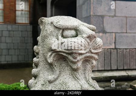 Yuzhno-Sakhalinsk, Russia - 05 agosto 2022: Testa della tradizionale statua giapponese di un leone di pietra all'ingresso del Museo Sakhalin di Lore locale Foto Stock