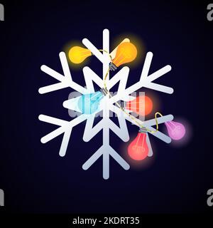 Buon Natale e Un felice anno nuovo decorazione o web icona. Bel fiocco di neve lucido con illuminazione ghirland. I saluti della stagione invernale. Decorativo la Illustrazione Vettoriale