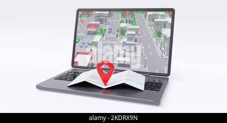 Applicazione di navigazione. Computer portatile isolato su bianco. Icona a forma di spillo sulla mappa con posizione GPS. Città sullo schermo del dispositivo. rendering 3d Foto Stock
