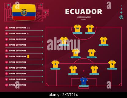 ecuador line-up World Football 2022 torneo finale fase vettore illustrazione. Tavolo di formazione della squadra di campagna e formazione della squadra sul campo di calcio. Calcio Illustrazione Vettoriale