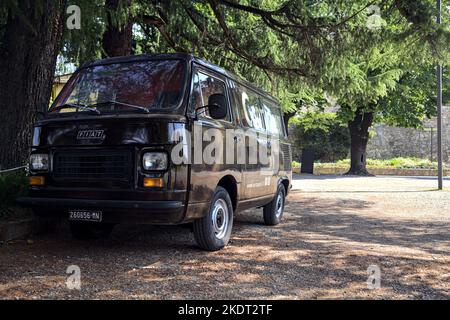 Vecchio pulmino Fiat 900T parcheggiato all'ombra Foto Stock