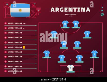 argentina line-up World Football 2022 torneo finale fase vettore illustrazione. Tavolo di formazione della squadra di campagna e formazione della squadra sul campo di calcio. Socc Illustrazione Vettoriale