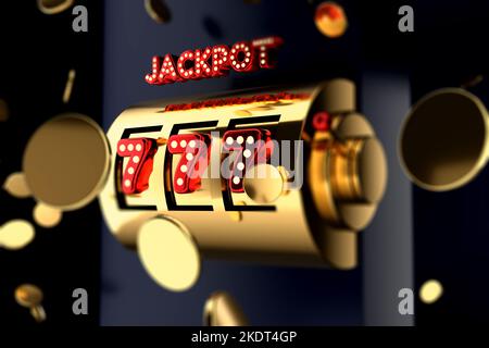 Slot machine Golden con monete d'oro 777 Big WIN Concept. Jackpot del casinò. 3D rappresentazione grafica Foto Stock