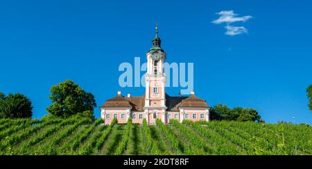 Birnau, Germania - 13 giugno 2022: Monastero cistercense sul lago di Costanza pellegrinaggio barocco Chiesa Panorama a Birnau, Germania. Foto Stock