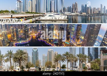 Dubai, Emirati Arabi Uniti - 23 maggio 2021: Dubai Marina and Harbour Collage Skyline Architecture Vacation in Arabia a Dubai, Emirati Arabi Uniti. Foto Stock