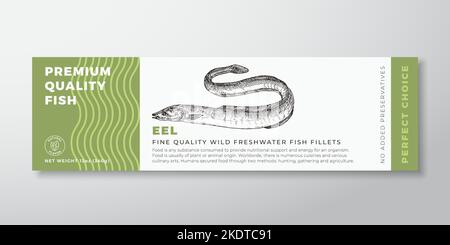 Premium Quality Eel Vector Packaging Label Design moderna tipografia e disegnata a mano pesce d'acqua dolce Silhouette Seafood prodotto sfondo Layout Illustrazione Vettoriale
