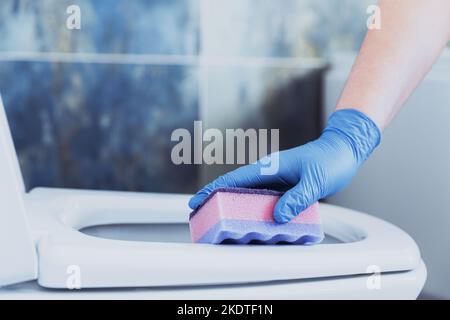 Immagine ritagliata con primo piano sulle mani della donna indossata con guanti protettivi in gomma. Casalinga wc ciotola pulizia, seduta con spugna rosa in bagno o moderno bagno pubblico con piastrelle blu grigio Foto Stock