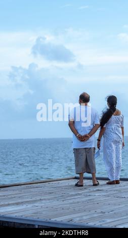 Una foto di due coppie in piedi sul bordo di una piattaforma e guardando il bel mare blu e cielo Foto Stock