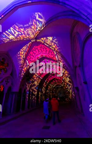 Salisbury, Wiltshire Regno Unito. 8th novembre 2022. Il Sarum Lights Renaissance si apre a Salisbury, nel Wiltshire, portando l'esperienza incredibilmente popolare di luce e suono nella Cattedrale di Salisbury, trasformando la Cattedrale con proiezioni di luce immersive e paesaggi sonori suggestivi dei più grandi dipinti e opere d'arte del periodo rinascimentale. permettendo ai visitatori di vivere il mondo rinascimentale attraverso gli occhi degli artisti e dei creativi di quel tempo. Credit: Carolyn Jenkins/Alamy Live News Foto Stock