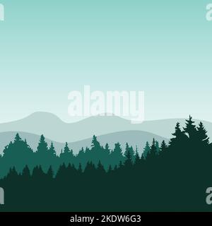 Paesaggio vettoriale, foresta di conifere e montagne sullo sfondo Illustrazione Vettoriale