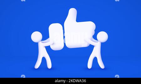 3d uomo cartoon bianco che tiene grande come simbolo. Concetto di social media. Sfondo blu isolato. Illustrazione vettoriale Illustrazione Vettoriale