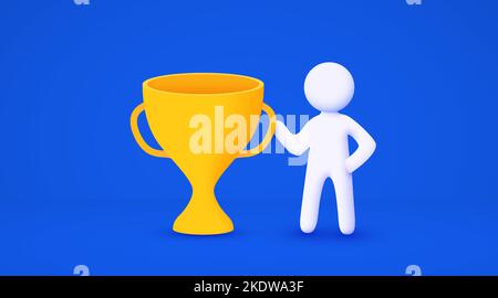 3d uomo cartoon bianco con grande trofeo d'oro. Concetto del vincitore. Sfondo blu isolato. Illustrazione vettoriale Illustrazione Vettoriale
