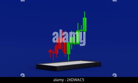 Grafico di smartphone e candele che mostra la tendenza al rialzo o al ribasso del mercato azionario o diagramma di criptovaluta, rendering 3D. Foto Stock