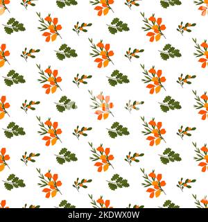 Un motivo con mazzi di foglie autunnali su sfondo bianco. Bacche di biancospino di mare. Vettore. Illustrazione Vettoriale