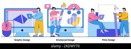 Design grafico e stampato, concetto di coinvolgimento emotivo con le persone più piccole. Set di illustrazioni vettoriali per i servizi di progettazione. Pagina web di destinazione, illustrazione freelance Illustrazione Vettoriale