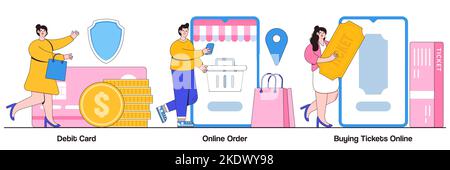 Carta di debito, ordine online, acquisto di biglietti concetto con persone piccole. Set di illustrazioni per il vettore di pagamento online. Denaro di plastica, acquisto di beni su internet, e- Illustrazione Vettoriale