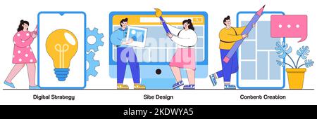 Strategia digitale, design del sito, concetto di creazione di contenuti con persone di piccole dimensioni. Set di illustrazioni vettoriali astratte per il marketing in uscita. Scrittura creativa, web d Illustrazione Vettoriale
