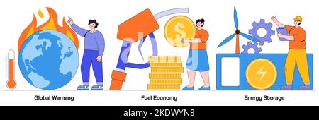 Riscaldamento globale, risparmio di carburante, concetto di stoccaggio di energia con carattere delle persone. Effetto serra, cambiamenti climatici, industria petrolifera, energia elettrica pl Illustrazione Vettoriale