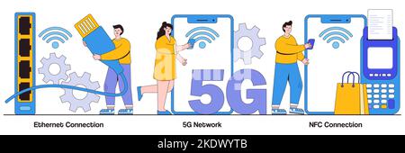 Connessione Ethernet, rete 5g, concetto di connessione NFC con personaggi. Set di illustrazioni vettoriali per le moderne tecnologie Internet. Rete wireless Illustrazione Vettoriale