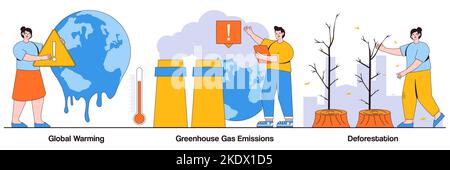 Riscaldamento globale, emissioni di gas a effetto serra, concetto di deforestazione con le persone più piccole. Set di illustrazioni vettoriali astratte sui cambiamenti climatici. Riscaldamento globale, aria Illustrazione Vettoriale