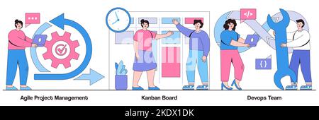 Gestione agile dei progetti, scheda kanban, concetto di team DevOps con persone di piccole dimensioni. Set di illustrazioni vettoriali della società di sviluppo software. Incontro Scrum, pro Illustrazione Vettoriale