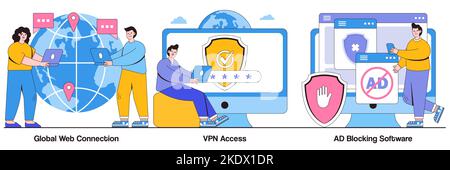 Connessione Web globale, accesso VPN, concetto di software di blocco degli annunci con le persone più piccole. Set di illustrazioni vettoriali per l'accesso alla rete. Server proxy remoto, web bro Illustrazione Vettoriale