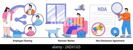 Condivisione dei dipendenti, telelavoro, concetto di accordo di non divulgazione con le persone più piccole. Set di illustrazioni vettoriali per le opzioni di impiego. Firma contratto, freelanc Illustrazione Vettoriale