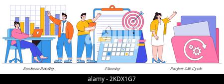 Briefing di affari, pianificazione, concetto di ciclo di vita del progetto con le persone piccole. Set di illustrazioni vettoriali per la gestione dei progetti. Assegnazione attività, business case, Illustrazione Vettoriale