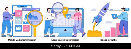 Ottimizzazione dei media mobili, ricerca locale, aumento del concetto di traffico con le persone più piccole. SEO set di illustrazione vettore strategia. Individuazione di Search Engine, bus Illustrazione Vettoriale