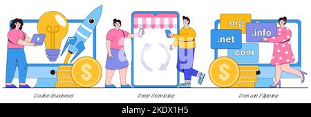 Commercio in linea, servizio di goccia, concetto di capovolgimento del dominio con la gente piccola. Opportunità di business, outsourcing, distribuzione di goccia, web hosting, social media Illustrazione Vettoriale