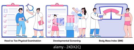 Esame fisico della testa ai piedi, screening dello sviluppo, concetto di indice di massa corporea con carattere della gente. Controllo dello stato del set di illustrazioni vettoriali. Ehea Illustrazione Vettoriale