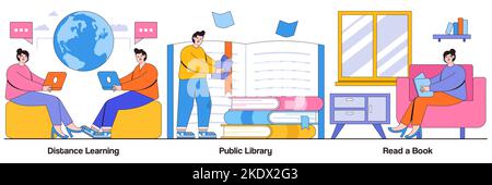 Apprendimento a distanza, biblioteca pubblica, leggere un concetto di libro con carattere di persone. Set di illustrazioni vettoriali per l'apprendimento fuori dal campus. Apprendimento fuori campus, tutori Illustrazione Vettoriale