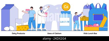 Latticini, usi del calcio, concetto di scatola pranzo per bambini con carattere della gente. Set di illustrazioni vettoriali per nutrizione sana. Snack sano, processi alimentari Illustrazione Vettoriale