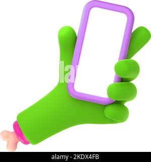 Mano zombie con telefono, 3D rendering personaggio mostro palmo verde con osso tenere smartphone con display vuoto. Mockup per app mobile, isolato Halloween Illustrazione in stile cartoon plastica Foto Stock