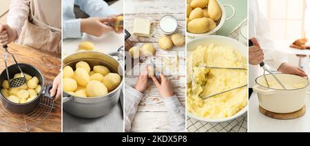 Collage con il processo di cottura di gustoso purè di patate in cucina Foto Stock