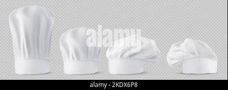 Cappelli da chef, cappellini da cucina e takers realistici mockup. Capo ristorante bianco uniforme, abbigliamento professionale piccolo, medio e alto in stile francese del personale della cucina, 3D illustrazione vettoriale Illustrazione Vettoriale