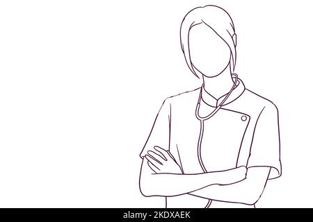 bella infermiera disegnata a mano con braccio incrociato Illustrazione Vettoriale