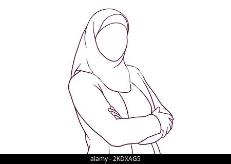 donna d'affari in hijab in piedi con braccia incrociate. disegno a mano vettore stile Illustrazione Vettoriale