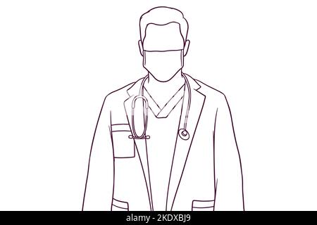 medico in piedi con maschera facciale e uno stetoscopio. concetto medico. disegno a mano vettore stile Illustrazione Vettoriale