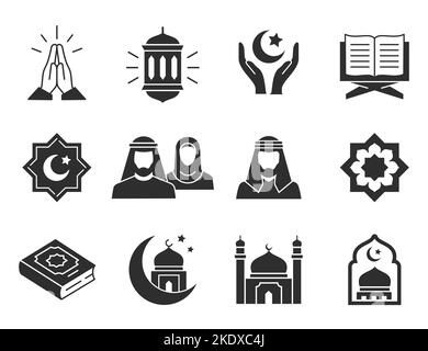 Icone islamiche di glifo, come moschea, quran, rug, ramadan e molto altro. Illustrazione Vettoriale