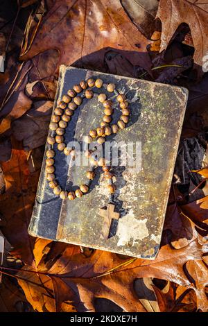 Perline di rosario di legno e libro sacro della bibbia che giace sulle foglie d'autunno. Vista dall'alto. Foto Stock