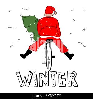 Buon Natale cartolina con citazione scritta INVERNO e simpatico Babbo Natale in bicicletta. La cartolina di xmas di illustrazione del vettore nello stile dell'arte disegnata a mano Illustrazione Vettoriale